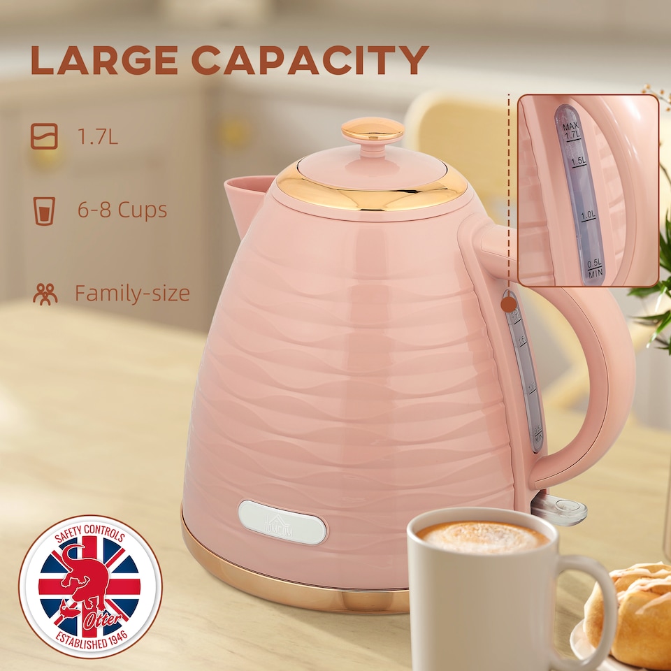 image 1 of HOMCOM Electric Kettle 1.7L, Fast Boil, 3kW Cordless Water Kettle with Removable Washable Anti-scale Filter, UK Otter Thermostat, Auto Shut-off, 360degree Swivel, BPA Free, Pink Water Ripple Texture