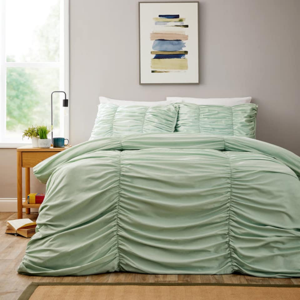 image 1 of Ruched Duvet Set in Sage Green - King | Green | Sage Green | King