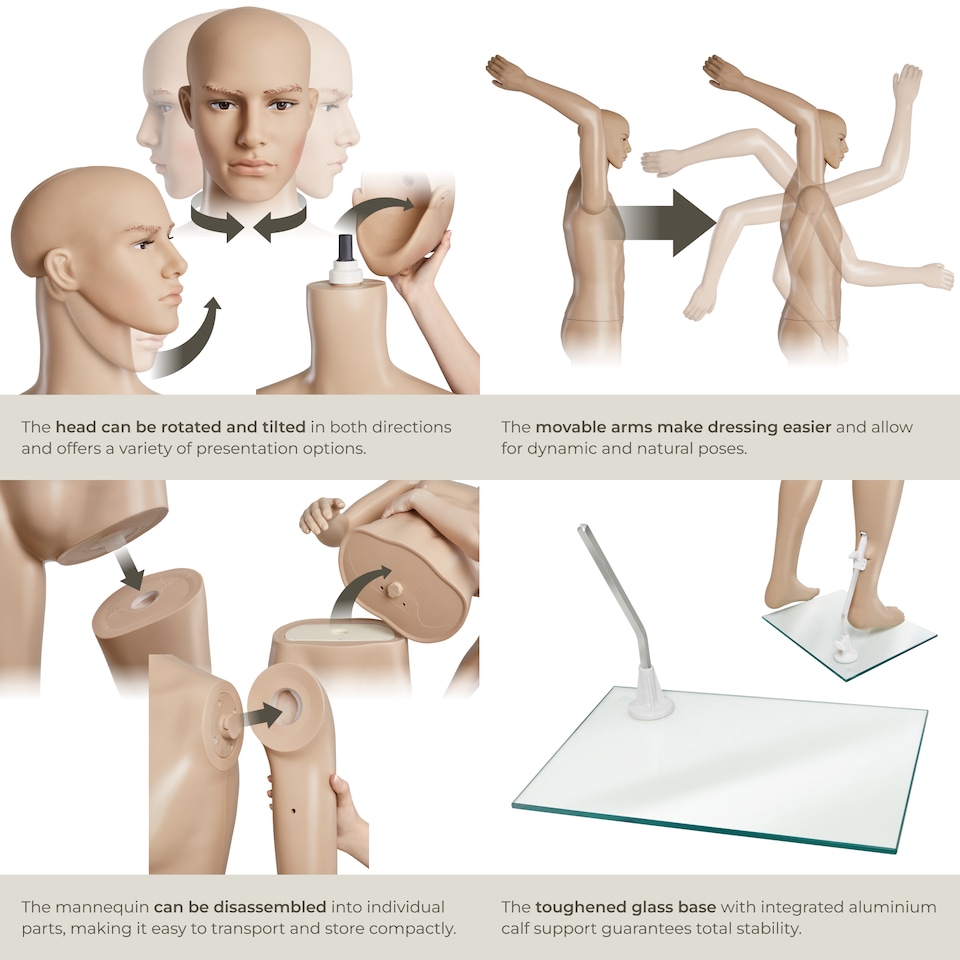 image 1 of Mannequin - adjustable, full body, life size, realistic proportions, glass plate stand | Cream | beige | Male | 1