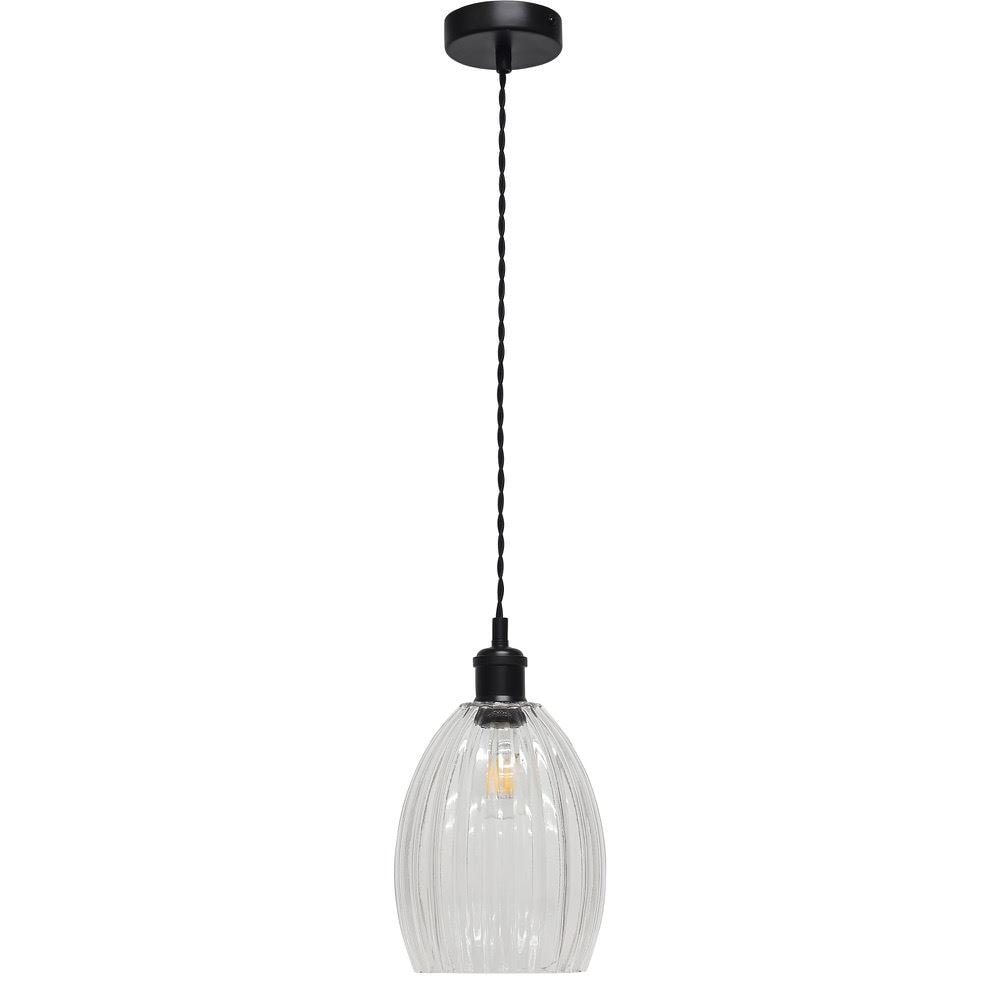 First Choice Lighting Birch - Clear Fluted Glass Black Retro Pendant Fitting