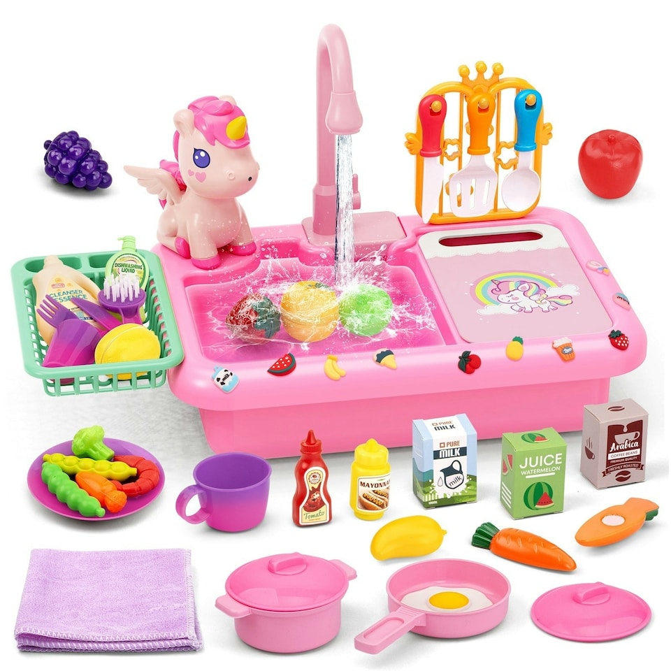 image 1 of Kids Kitchen Sink Playset with Real Running Water Food Accessories Cookware Hanging Rack and Storage Space