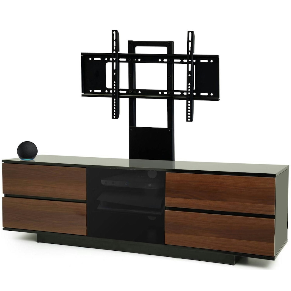 image 1 of Centurion Supports AVITUS ULTRA Gloss Black Remote Friendly BeamThru Door with 4-Walnut Drawers up to 65" Flat Screen TV Cabinet with Mounting Arm Black