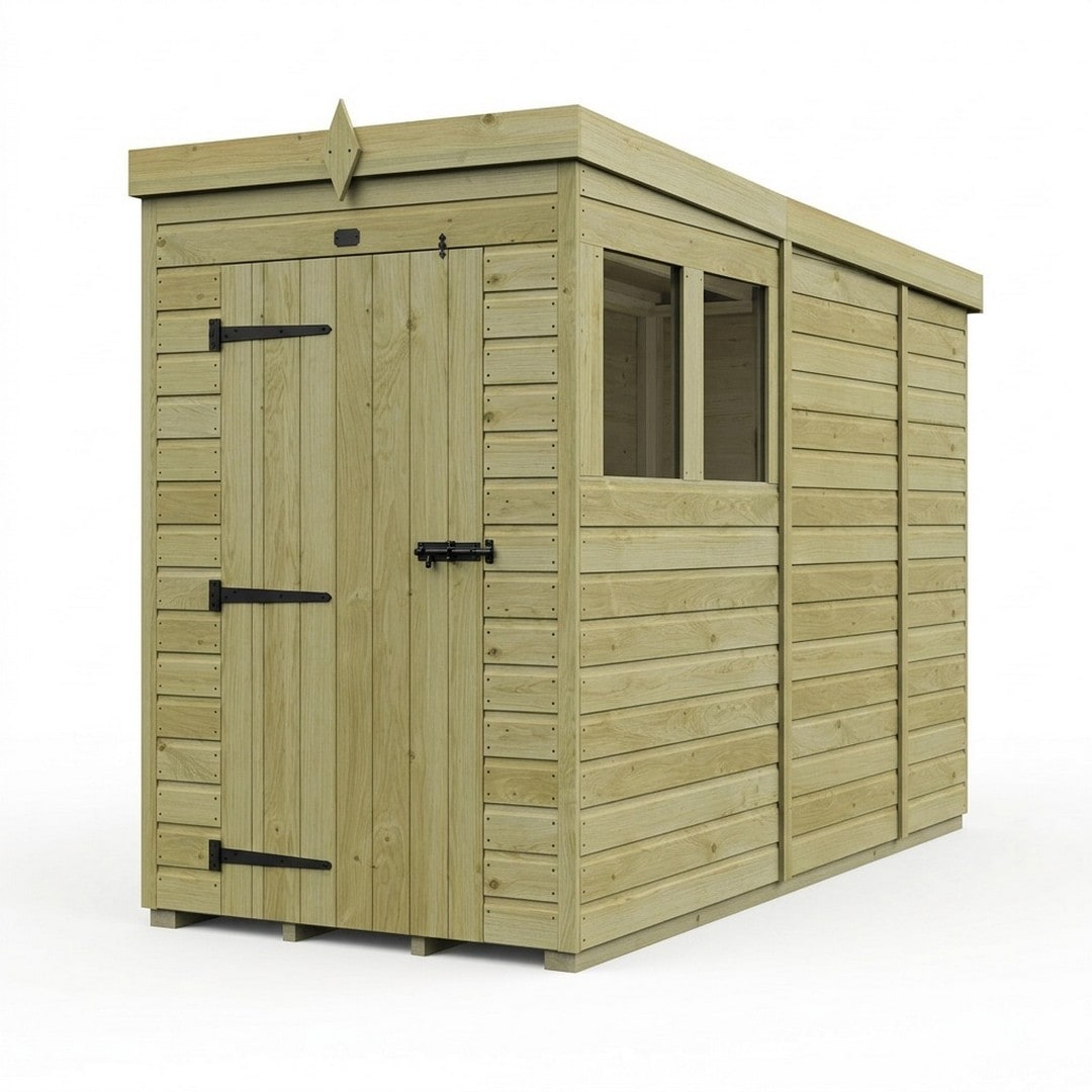 4ft x 9ft Pent Garden Shed Single Door With Windows - Pressure Treated Timber - L122 x W274 x H210 cm - Natural