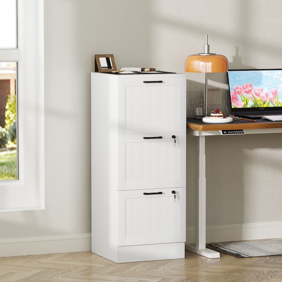 image 1 of HOMCOM 3 Drawer File Cabinet with Lock, Vertical Filing Cabinet with Adjustable Hanging Bars for A4 and Letter Size File Folders, Printer Stand with Storage, White | White | White