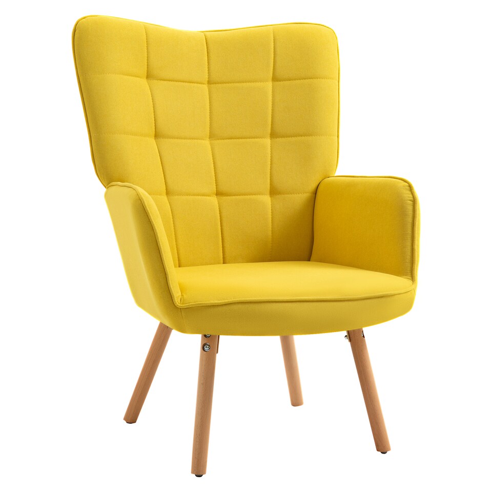 image 1 of HOMCOM Modern Accent Chair, Upholstered Tufted Wingback Armchair with Seat Padding, Velvet Leisure Lounge Bedroom Chair with Wood Legs, Yellow