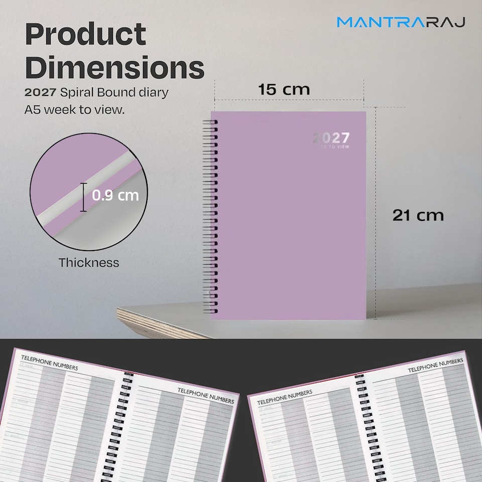 image 1 of 2027 Diary A5 Size Wiro Week to View Bright Diary Spiral Week To View Hardcover Diaries Planner Organizer (Purple)