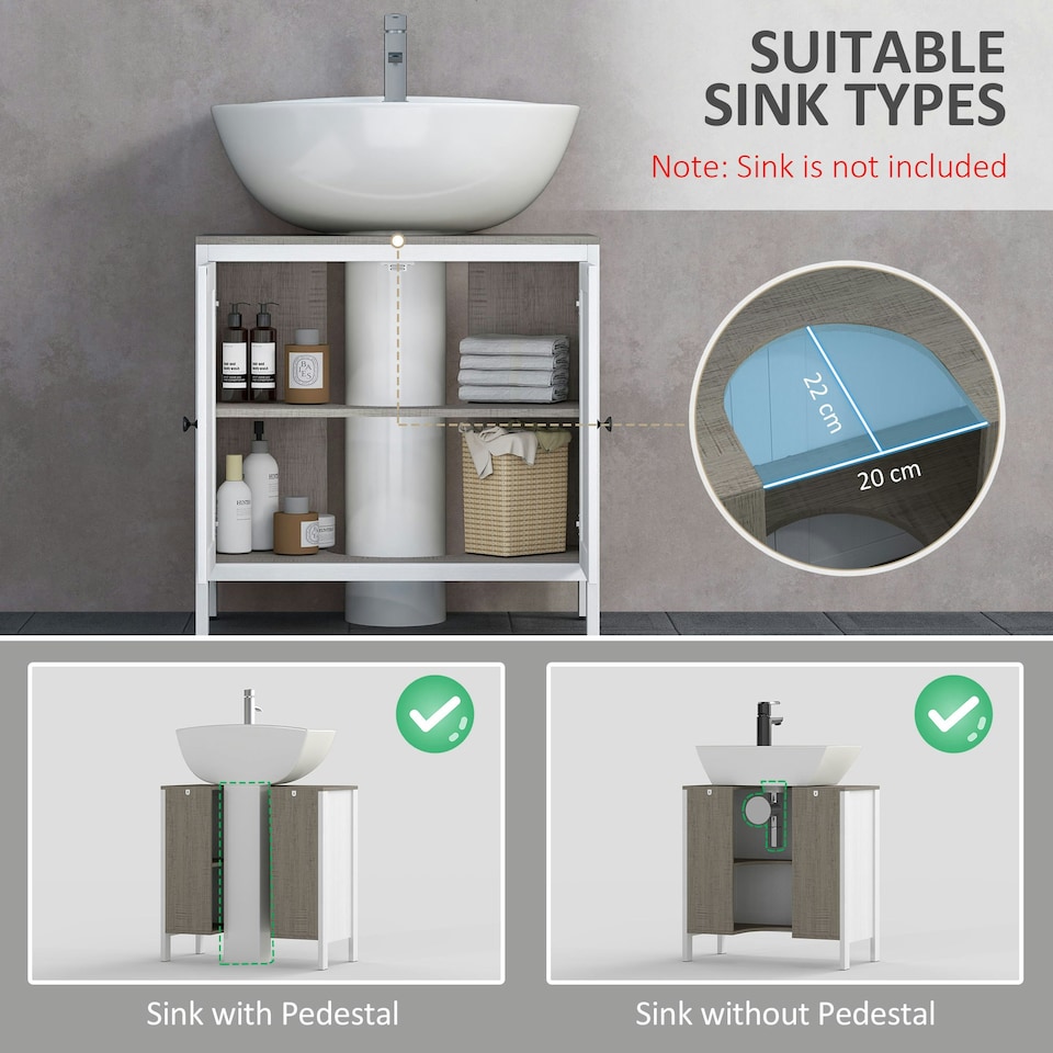 image 1 of kleankin Bathroom Sink Cabinet, Freestanding Under Sink Cabinet Adjustable Shelf White | White
