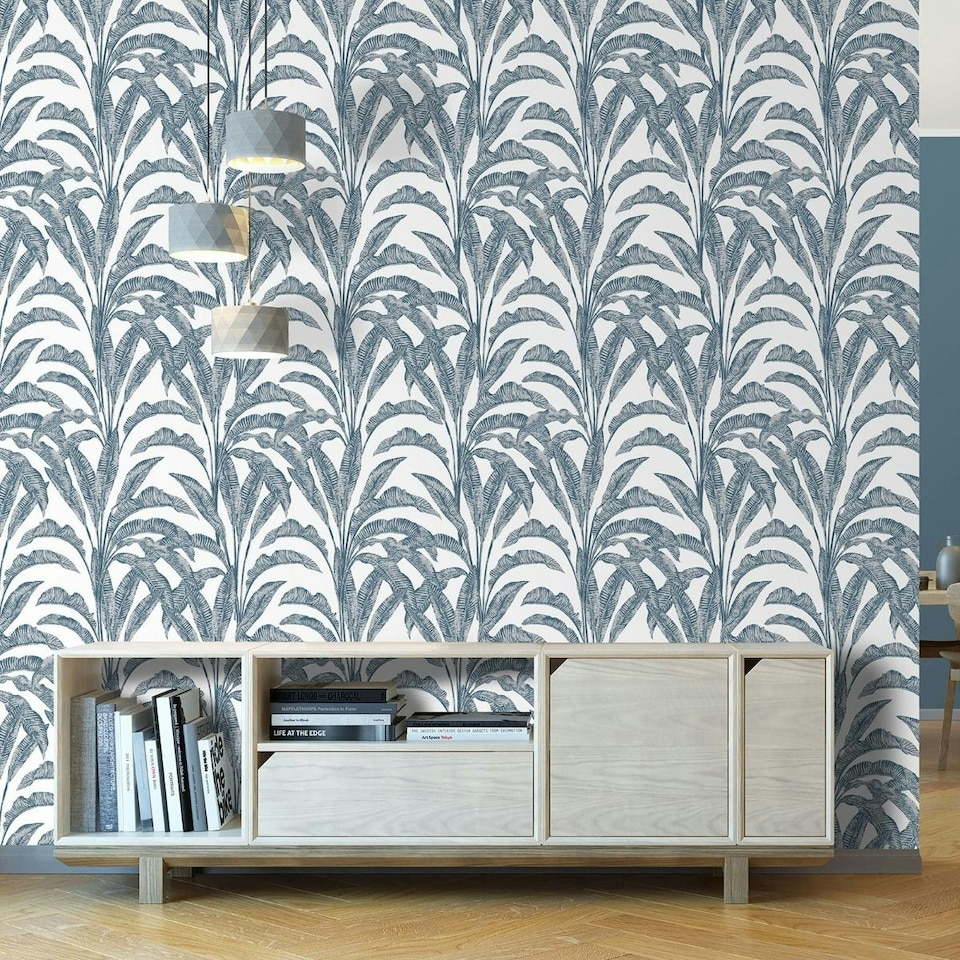 image 1 of Muriva Sansa Leaf Vinyl Textured Wallpaper - Blue - One Size Blue