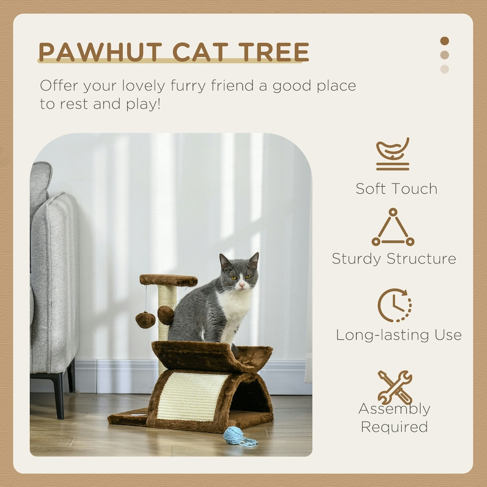 image 1 of PawHut Cat Tree Tower, Rotatable Top Bar, Sisal Post, Tunnel, Balls, Brown