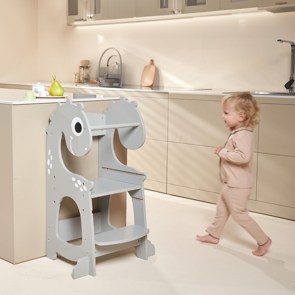 image 1 of Kidoz Toddler Learning Tower - Kitchen Helper with Safety Rail - Dinosaur Grey