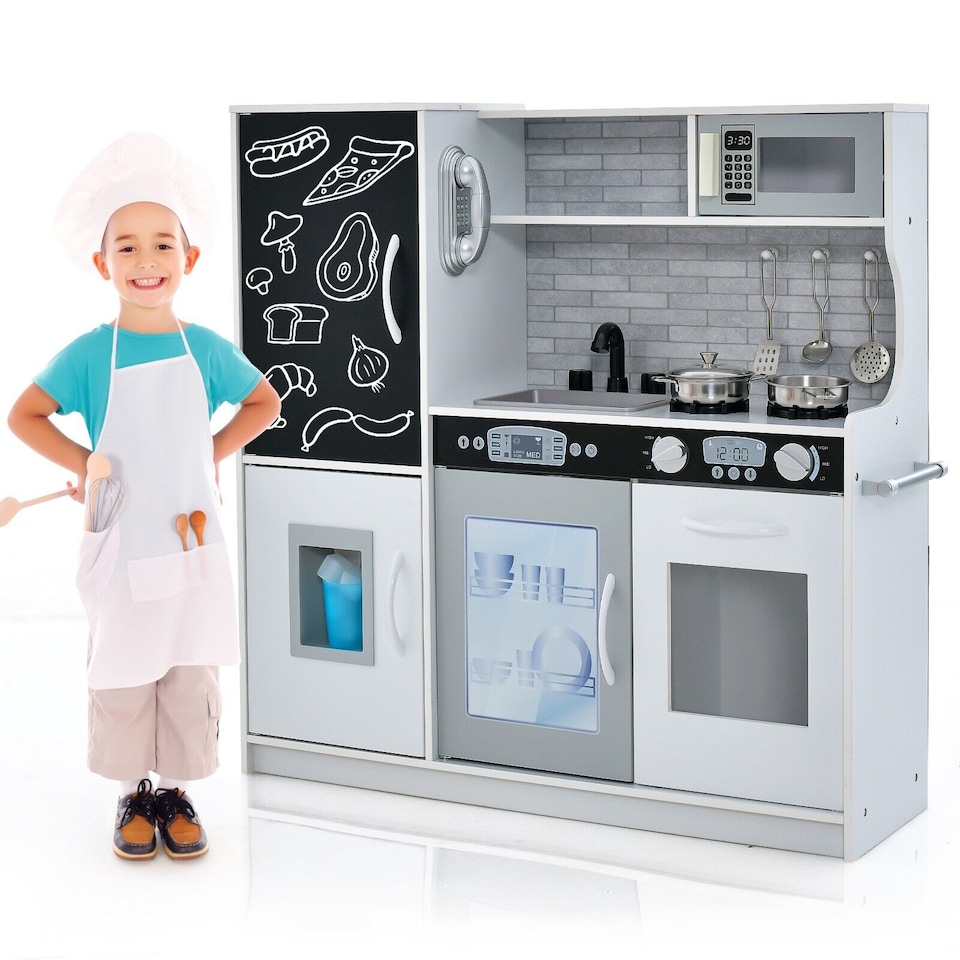 image 1 of COSTWAY Wooden Play Kitchen Kids Pretend Play Toy w/ Microwave Ice Make