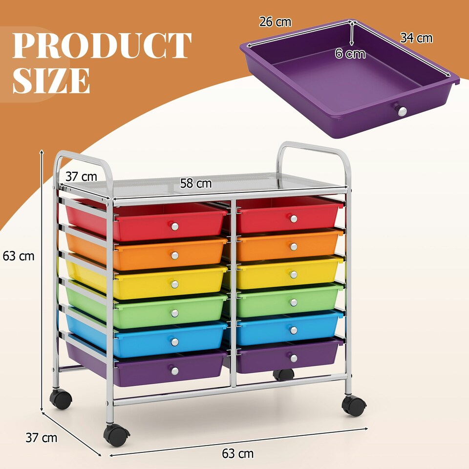 image 1 of COSTWAY 12 Drawers Utility Cart Storage Rolling Multi-color