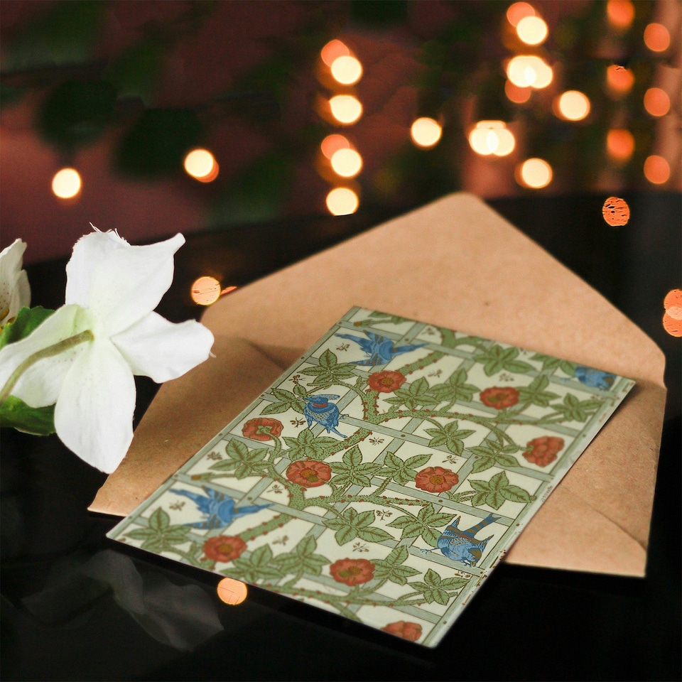 image 1 of William Morris Art Card Trellis Rose Bush and Birds