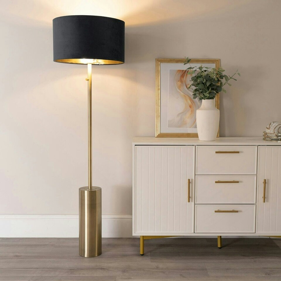 image 1 of ValueLights Lexy Gold Dimmable Floor Lamp with Black Velvet with Gold Inner Lamp Shade and LED Bulb