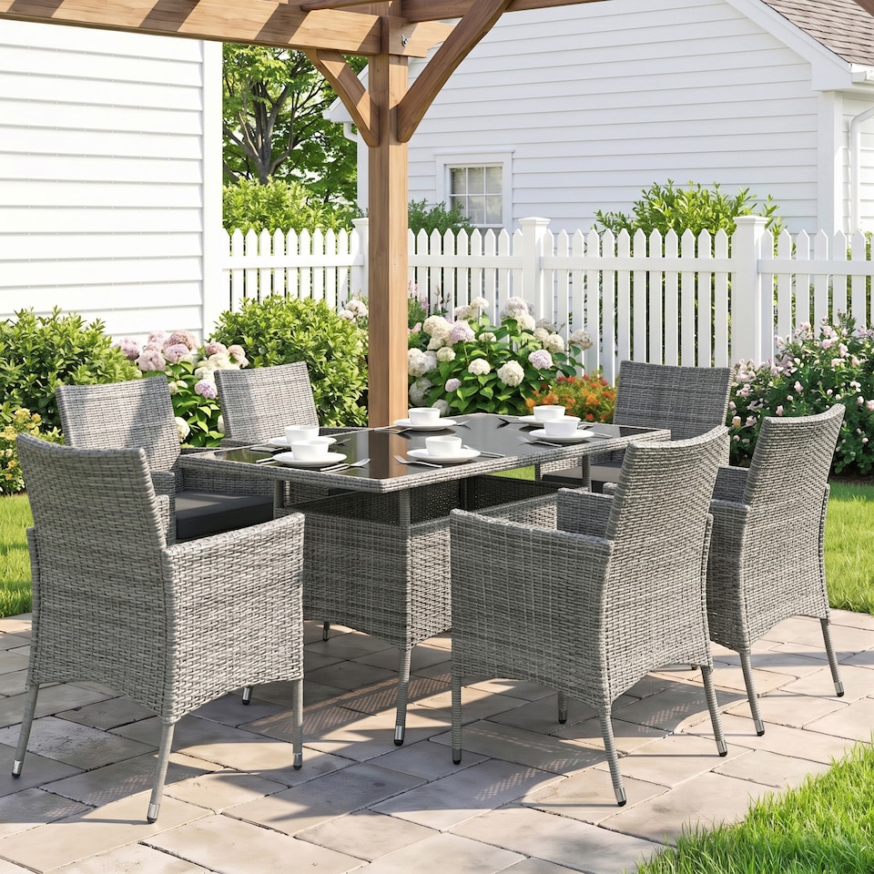 image 1 of Outsunny 7-Piece Rattan Dining Set for 6 with Cushions, Glass Top Table