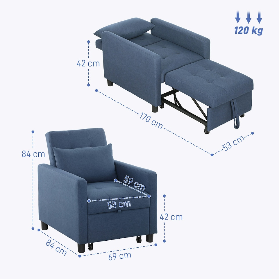 image 1 of HOMCOM Convertible Single Chair Bed with Upholstered Fabric, Blue Blue | Blue