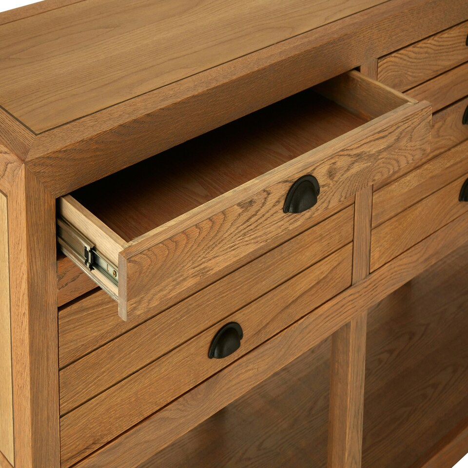 image 1 of Spacious Storage Grey Wood Sideboard, Open Shelf Sideboard For Livingroom, Six Drawers Wooden Sideboard Cream