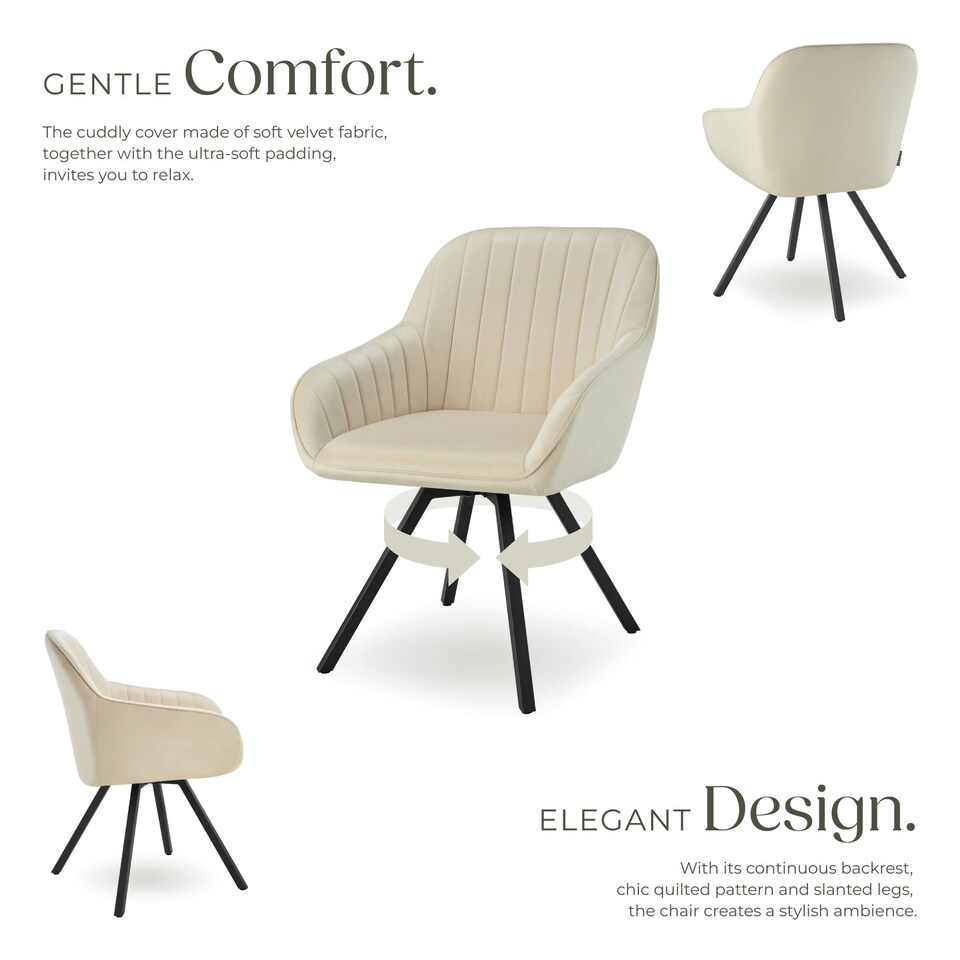 image 1 of Lounge Armchair Living Room Accent Chair 360 Swivel Slim Steel Legs Velvet Fabric  - Set of 2 Cream