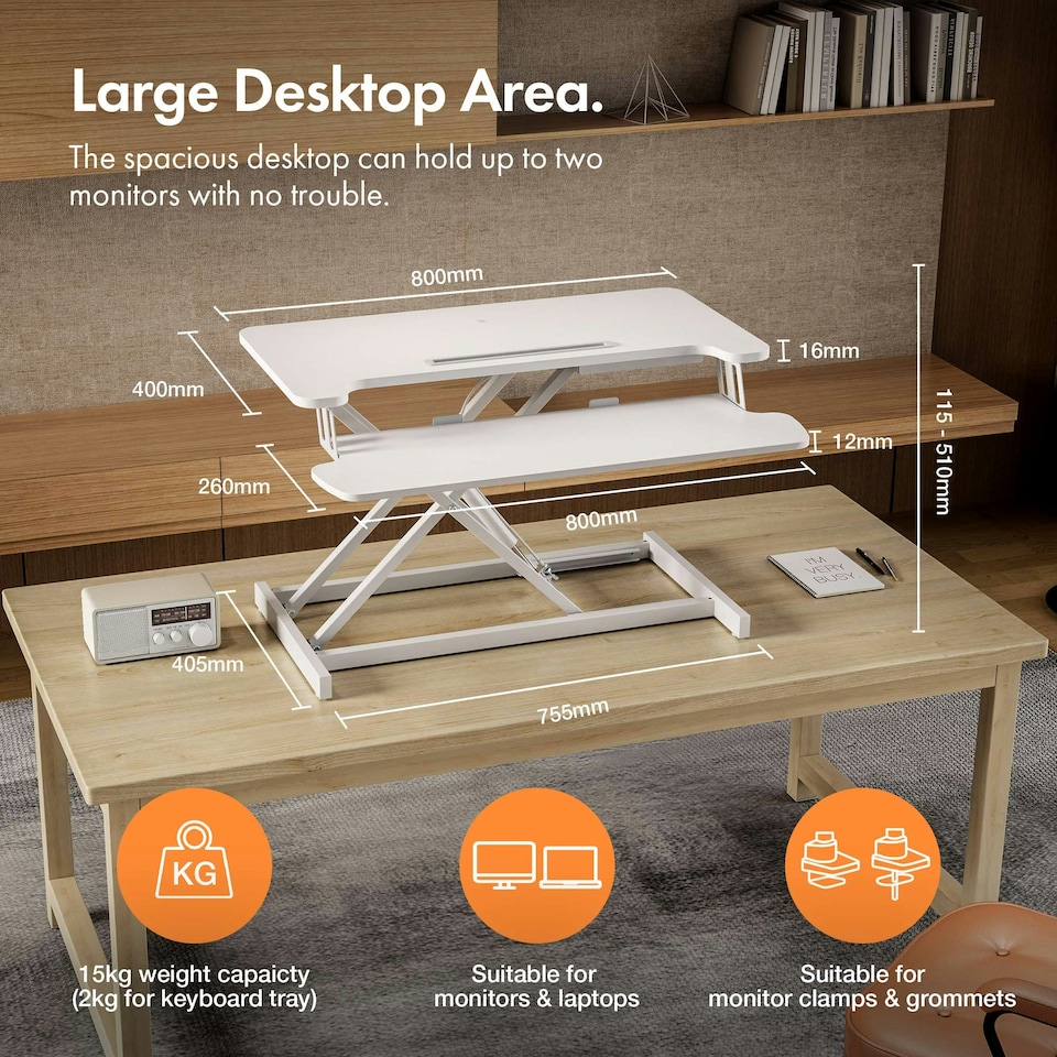 image 1 of VonHaus Height Adjustable White Standing Desk Converter, 80cm Length | White