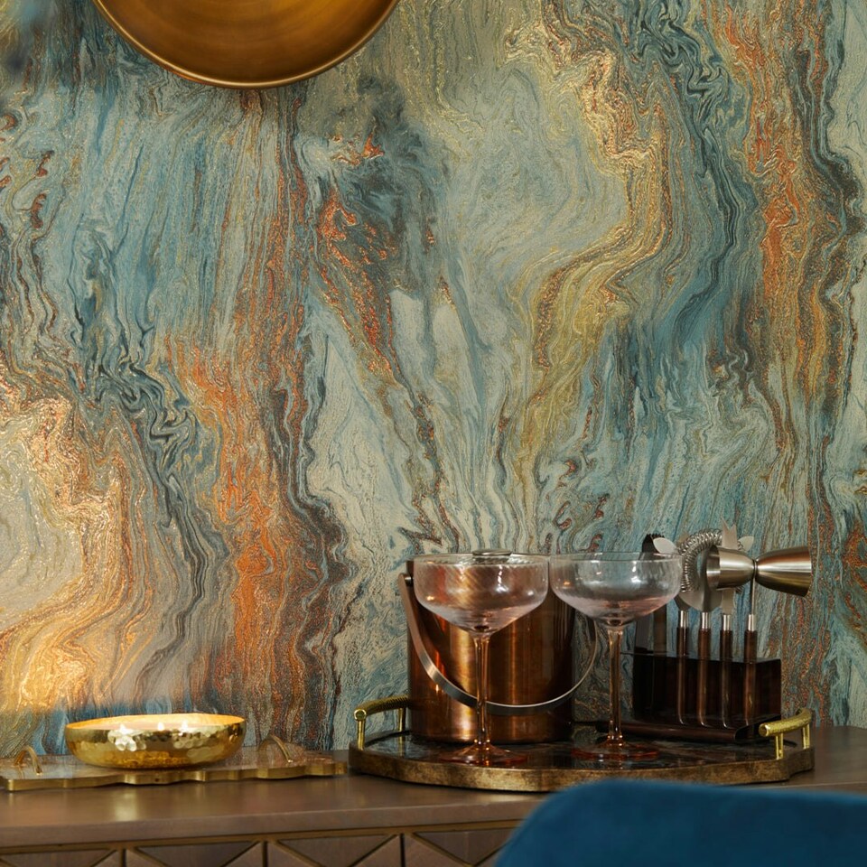 image 1 of Etna Metallic Wallpaper in Blue and Gold Multi