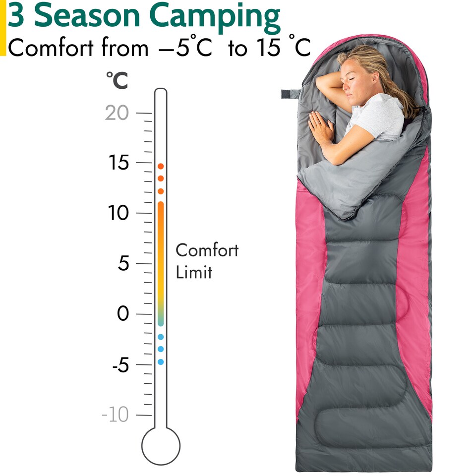image 1 of Adult Sleeping Bag 3 Season Single Person Warm Hood Carry Bag Trail Alpine 252 | Pink | Single | 1