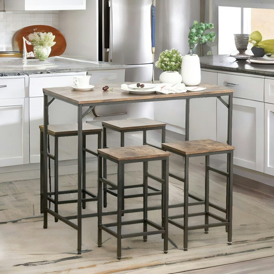 image 1 of Industrial Dining Table And 4 Stools Set Rustic Brown Brown