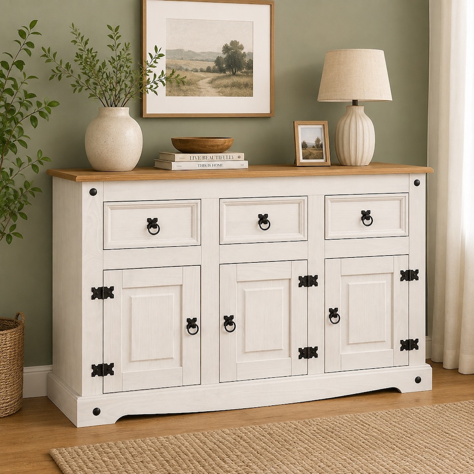 image 1 of Corona Sideboard White 3 Door 3 Drawer Mexican Solid Pine Wood