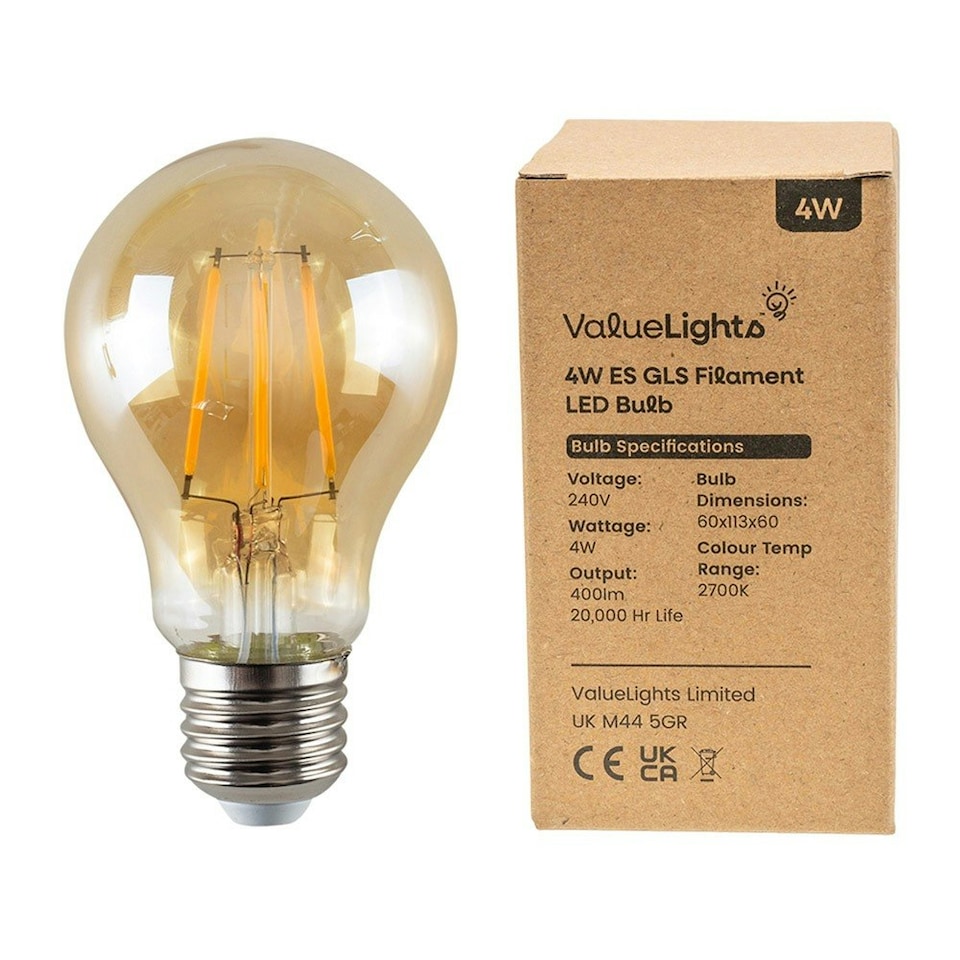 image 1 of ValueLights 3 Pack Vintage Filament E27 Amber Glass GLS LED 4W Warm White 2700K 400lm Light Bulb