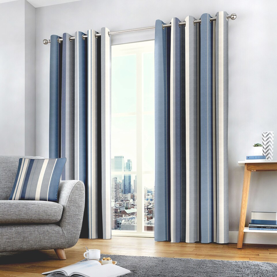 image 1 of Fusion Whitworth Stripe Eyelet Curtains Blue
