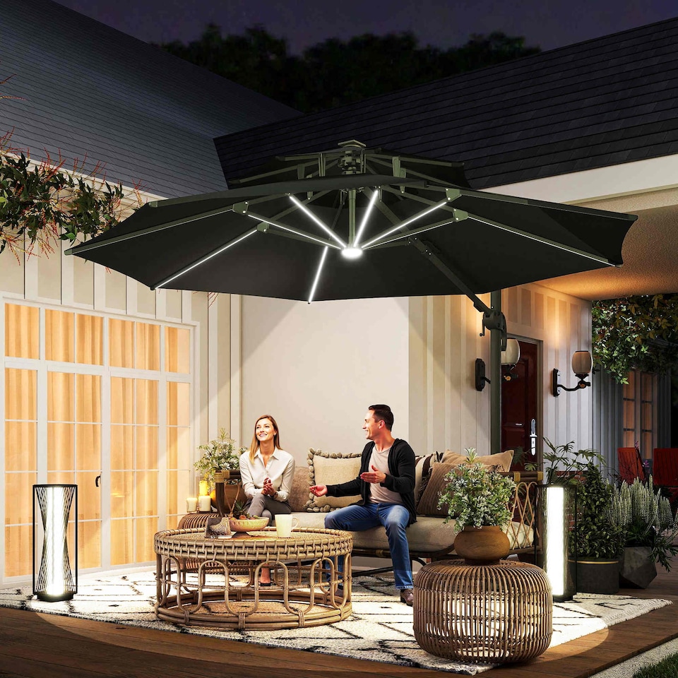 image 1 of Outsunny 3 m Cantilever Roma Parasol with LED Solar Lights, Crank and Tilt, Aluminium Frame, Cross Base and Adjustable Canopy 360 Rotating Sun Umbrella with 2Tier Shade, Grey
