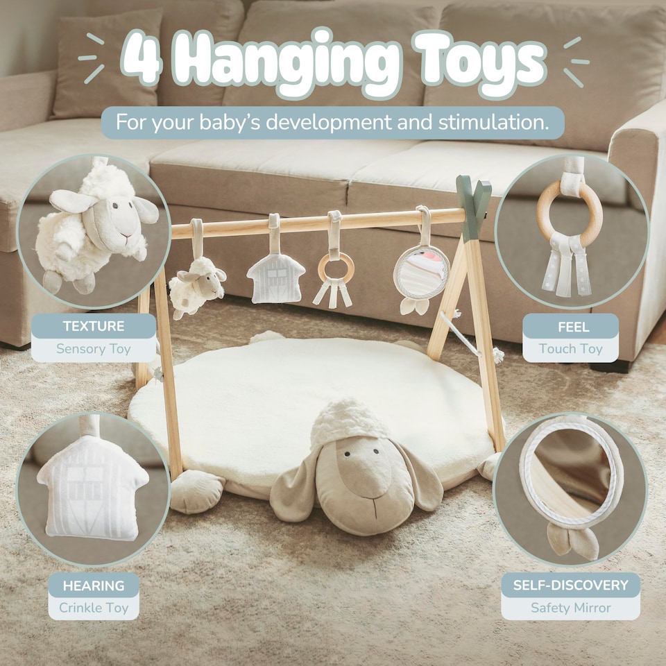 image 1 of BooBoo Baby EWE & ME Play Mat Baby Gym | Wooden Activity Tummy Time Playmat | Ewe & Me Super Soft Sheep Design | x4 Detachable Sensory Toys
