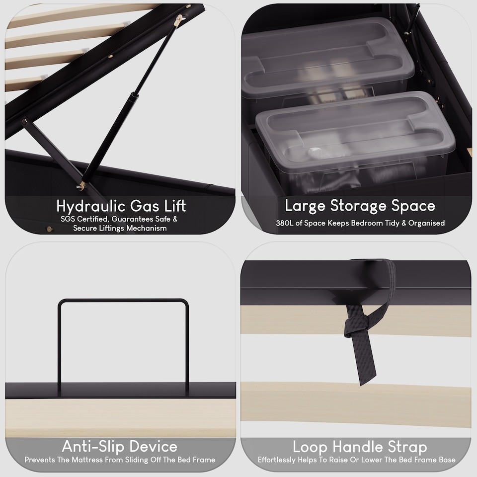 image 1 of Vida Designs Lisbon 3ft Single Ottoman Bed Storage Faux Leather, Black, 90 x 190cm