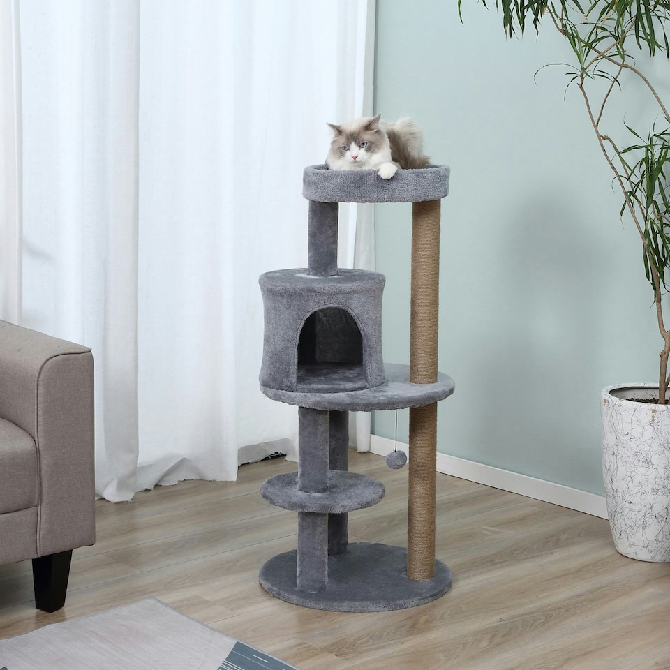 image 1 of PawHut 104cm Cat Tree Condo Tower with Scratching Post Perch Ball, Grey