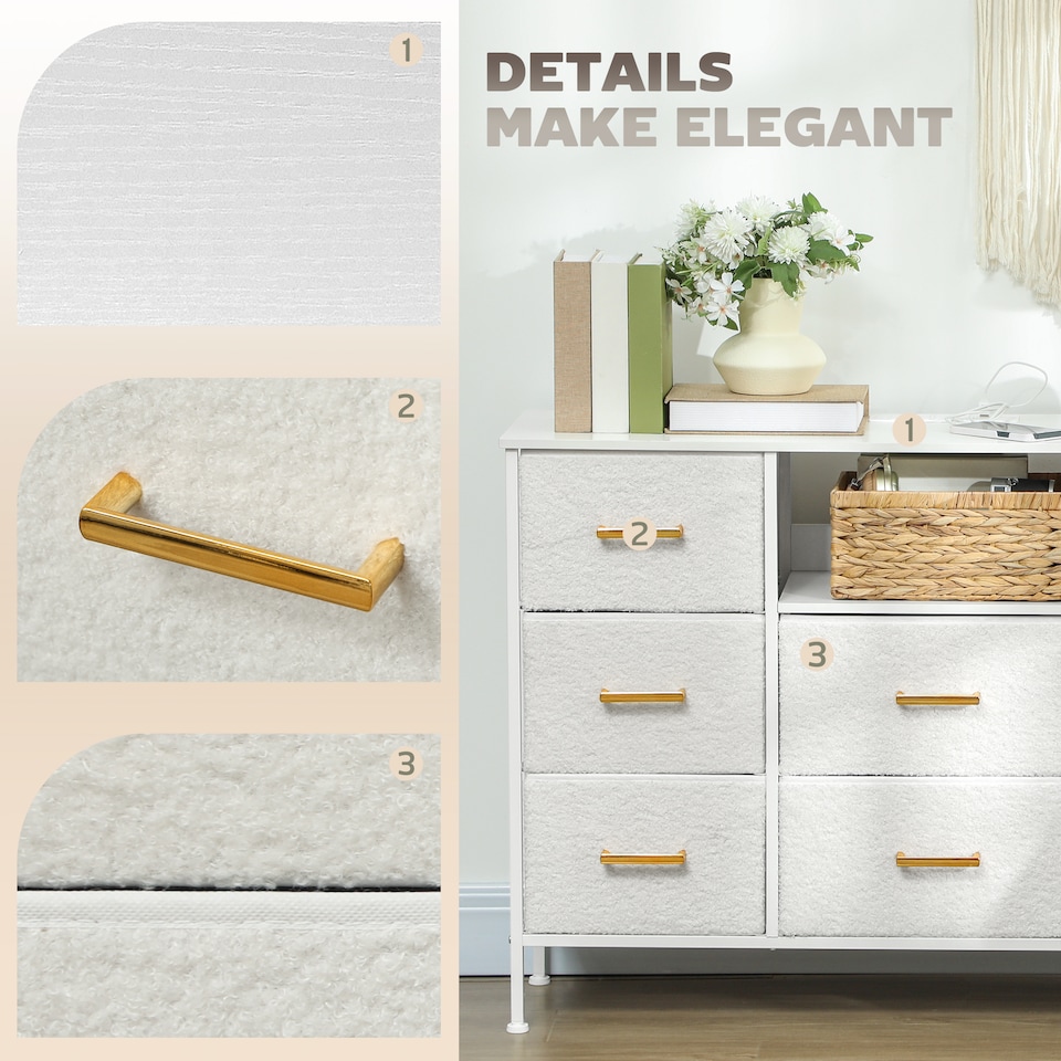 image 1 of HOMCOM Boucle Chest of Drawers, 8 Fabric Drawers Storage Organiser with Charging Station, 2 USB and 2 AC Ports, Steel Frame, Fabric Dresser for Living Room, Bedroom, Hallway, Cream White | Cream | Cream