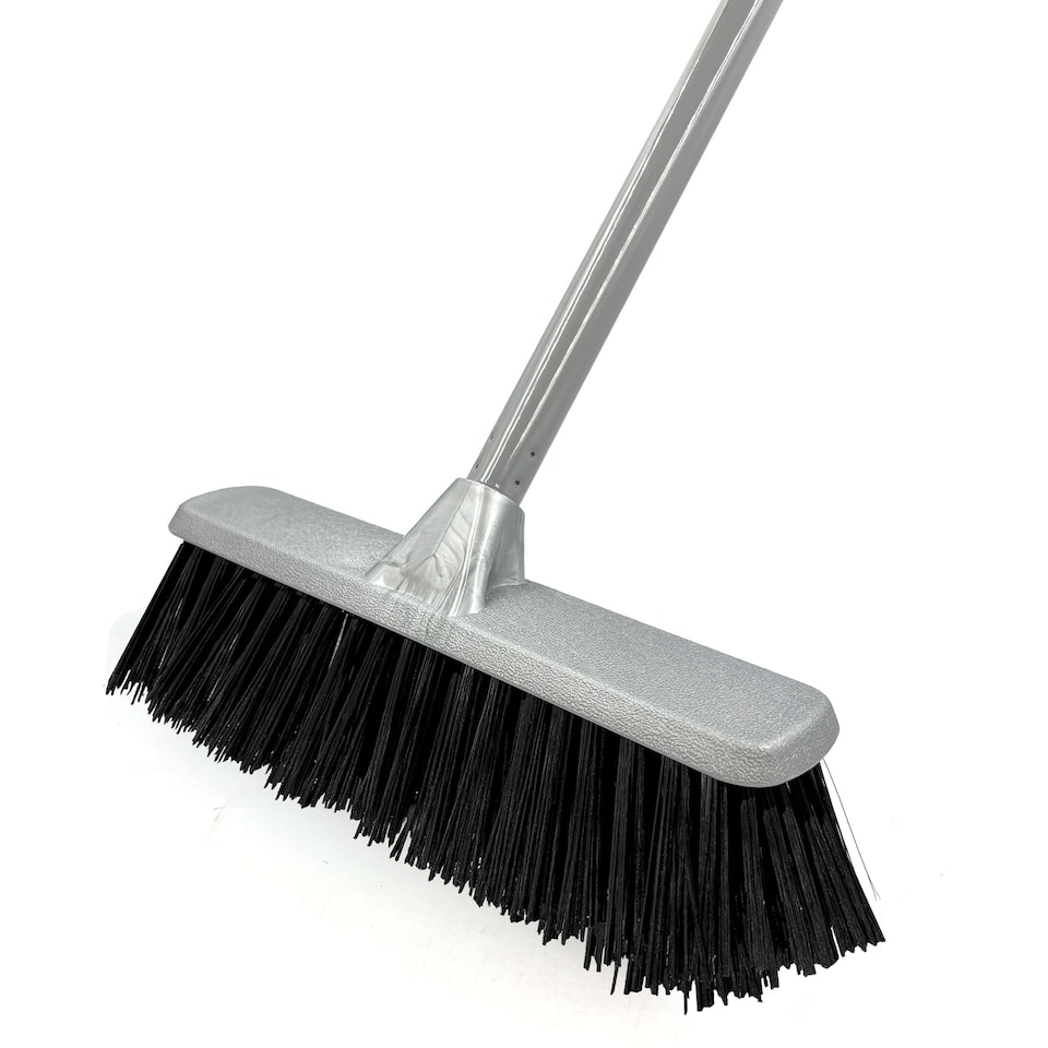 image 1 of Stiff Bristle Indoor Broom Silver Sweeping Brush for Tiles, Wood & Carpet Metal Handle Kitchen Floor Sweeper