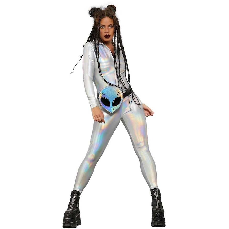 image 1 of Fever Womens/Ladies Miss Whiplash Mirror Holographic Catsuit - Silver - XS | Multi | XS