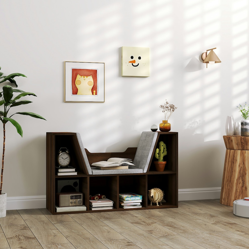 image 1 of HOMCOM Cube Bookshelf Organizer with Reading Seat, Six Cubes, Chestnut