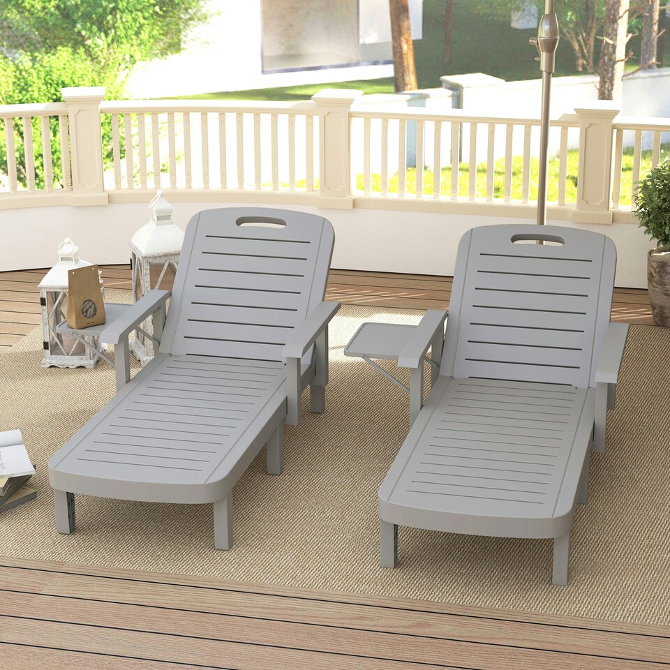 image 1 of Outsunny Set of 2 Resin Reclining Sun Loungers for Garden Grey | Light Grey