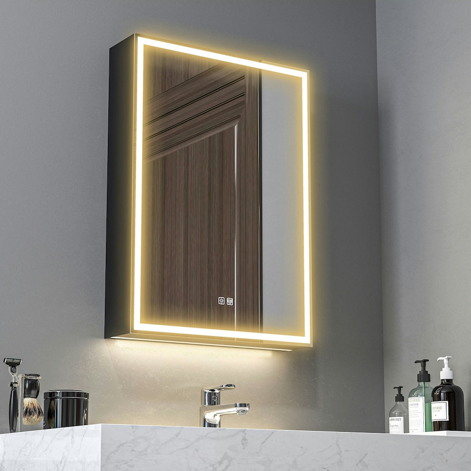 image 1 of HOMCOM Bathroom Cabinet with Mirror, LED Lights and Demister Pad, Black | Black | one size