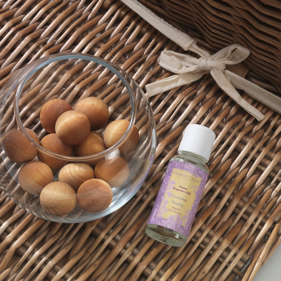 image 1 of Hassett Green London - Lavender Vanilla - Scented Wooden Balls Pack of 12 plus 30ml Bottle of Home Fragrance Oil for Refreshing - Alternative to Pot Pourri, Diffusers, Sachets and Drawer Liners