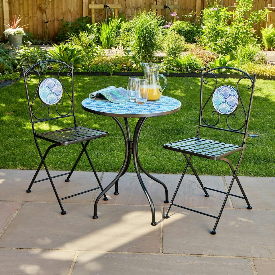 image 1 of Ocean Blue Shell Mosaic Bistro Patio Set Outdoor Garden Balcony Furniture Unit