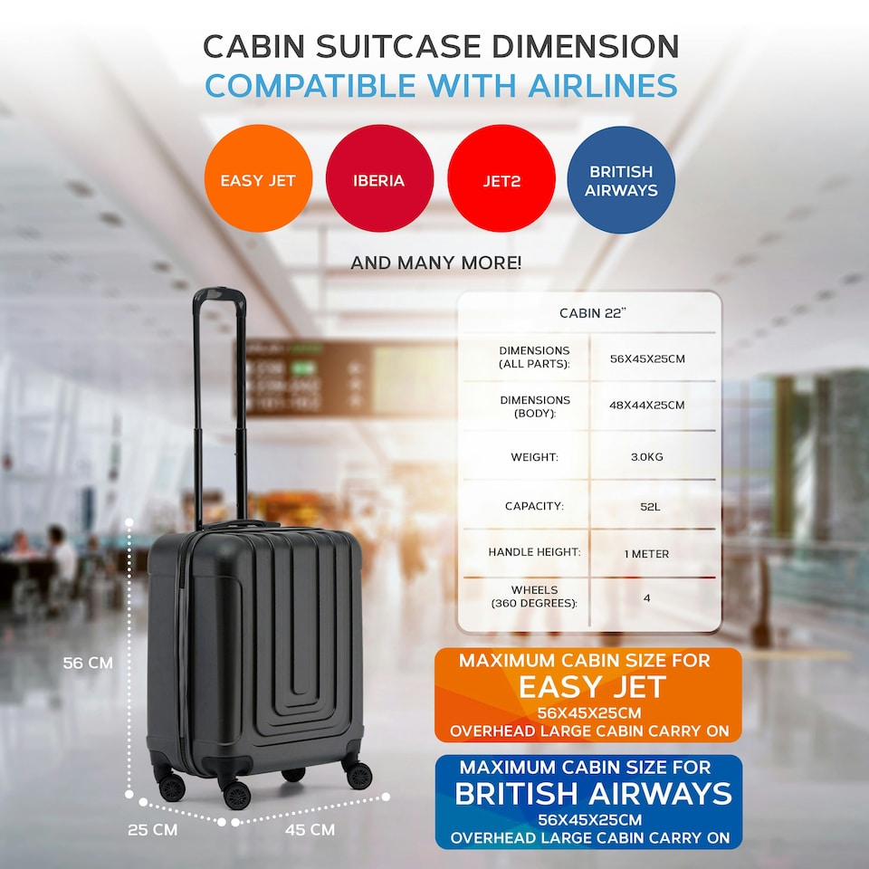 image 1 of Flight Knight Premium Hard Shell Lightweight Cabin Suitcase - 8 Spinner Wheels - Built-in TSA Lock & USB Port - easyJet Large Cabin Approved - 56x45x25cm Black | Black | Cabin Bag