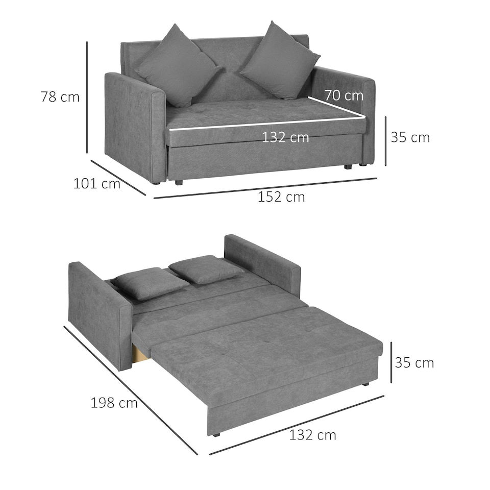 image 1 of HOMCOM 2 Seater Sofa Bed Convertible Bed Settee w/ 2 Cushions Storage Light Grey