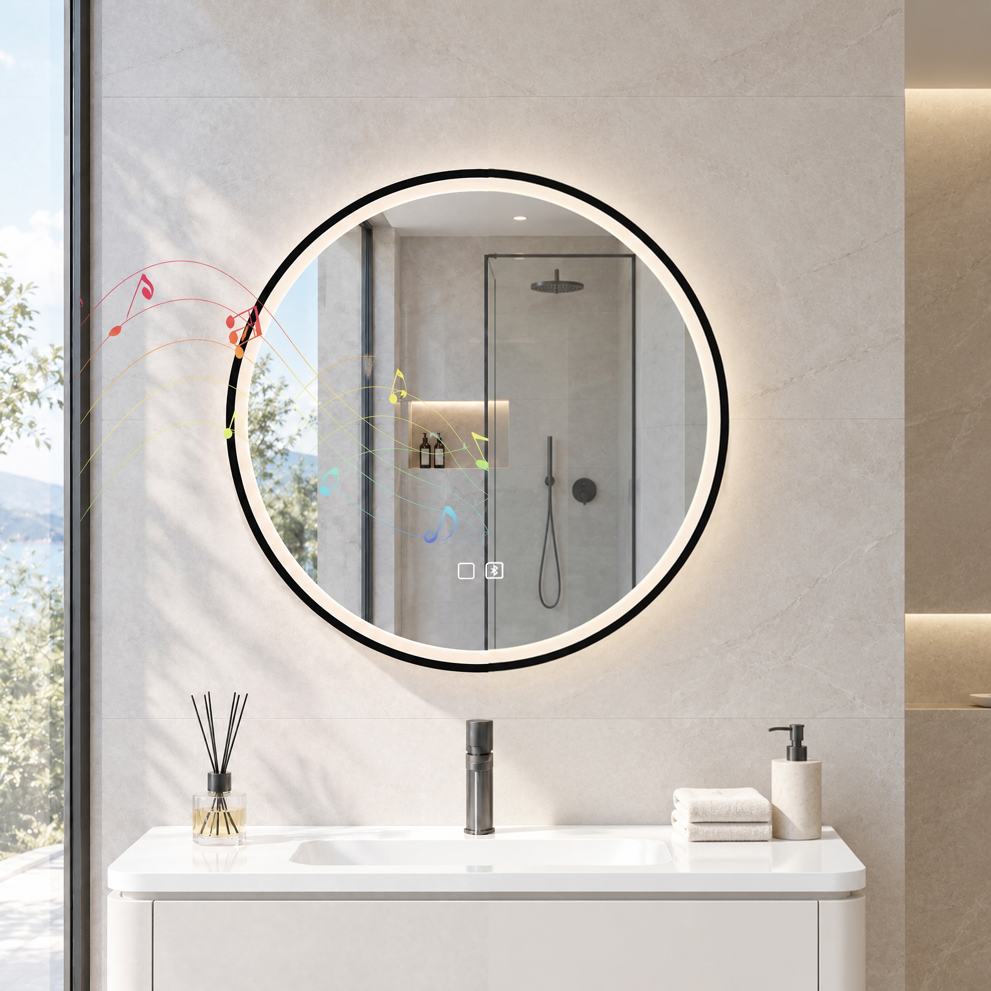 Homcom Led Bathroom Mirror, 60Cm Round Bathroom Mirror, Dimmable, Black, Black
