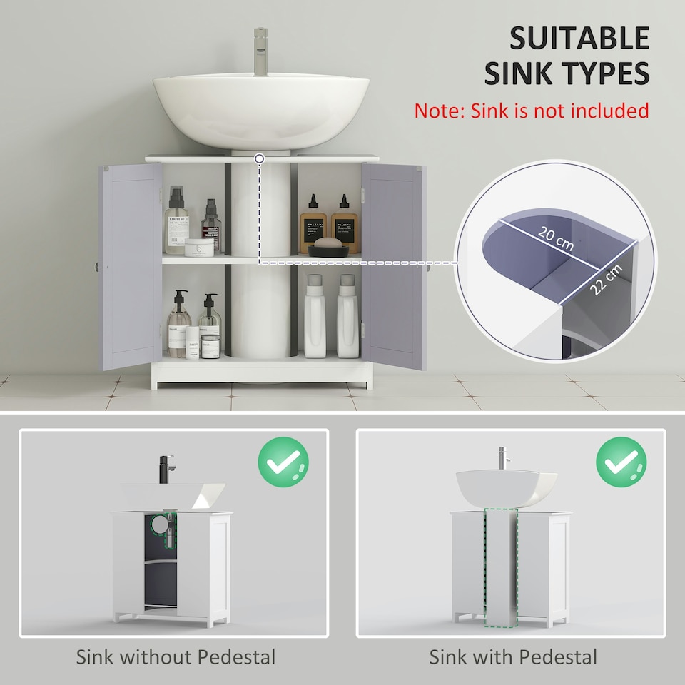 image 1 of kleankin 60x60cm Under-Sink Storage Cabinet w/ Adjustable Shelf Grey White White | White, Grey
