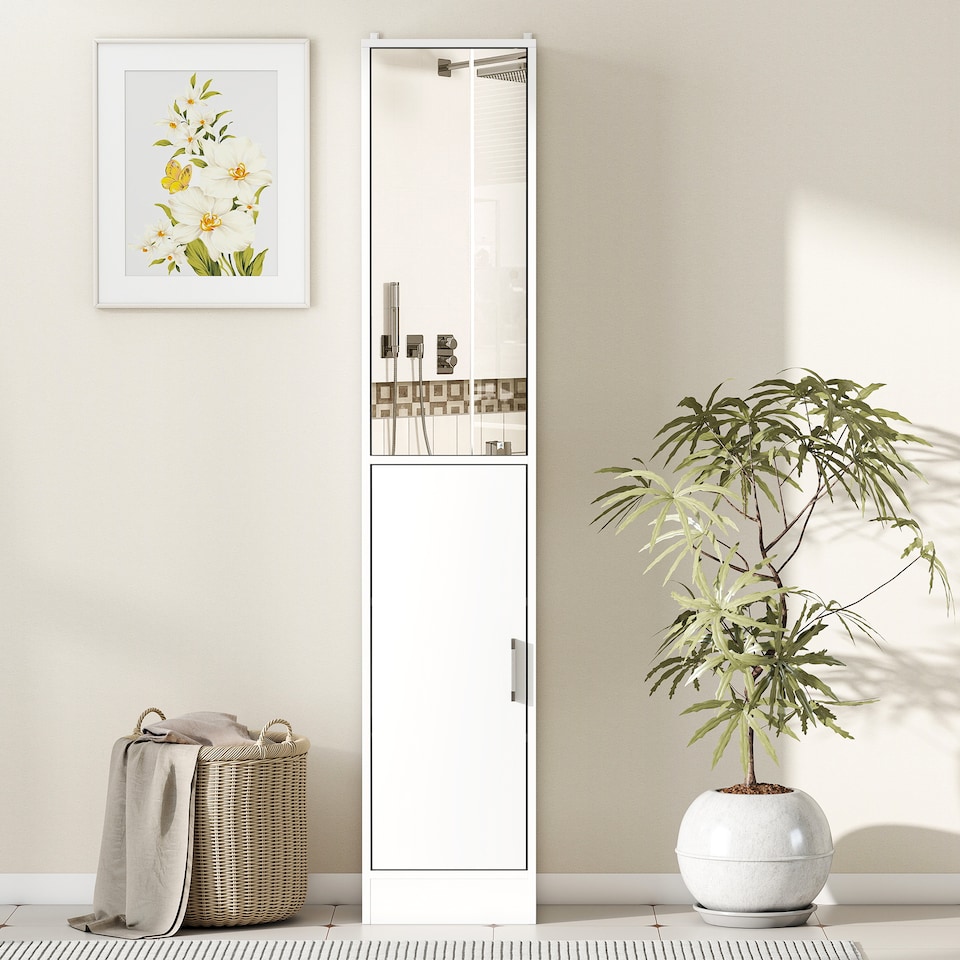 image 1 of kleankin Tall Mirrored Bathroom Cabinet, Bathroom Storage Cupboard, Floor Standing Tallboy Unit with Adjustable Shelf, White