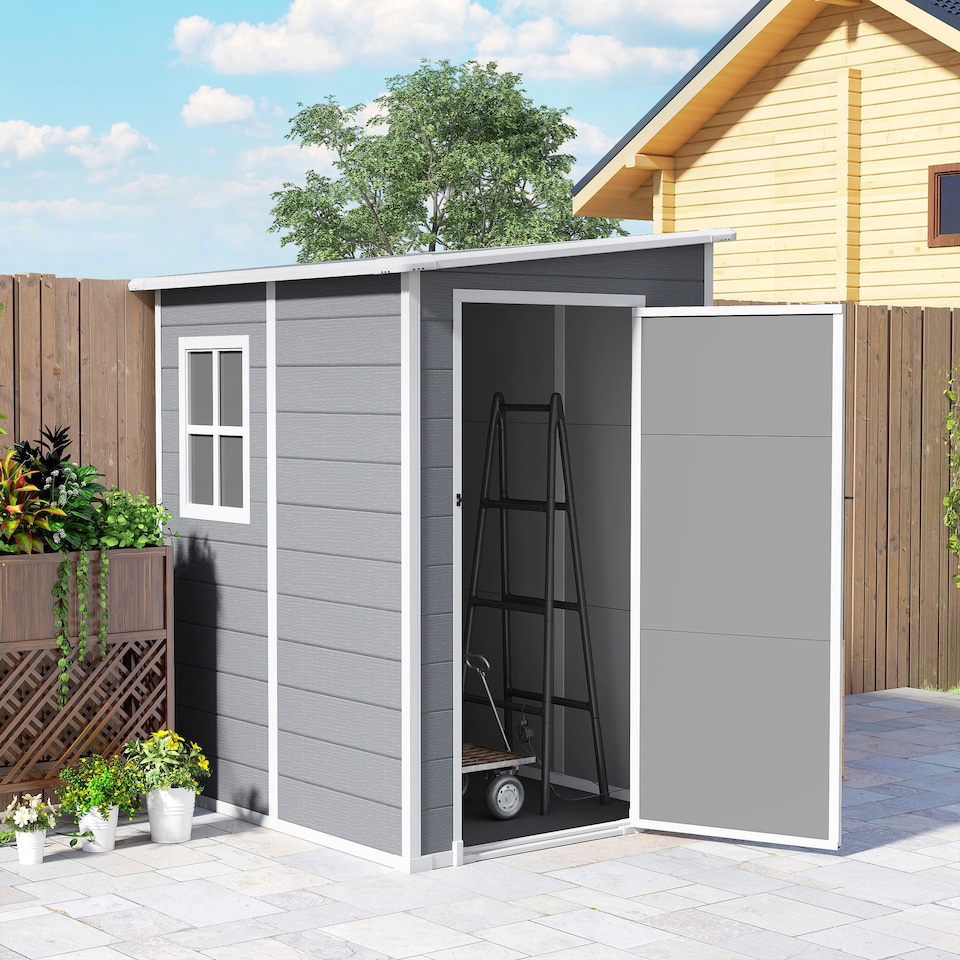image 1 of Outsunny 4 x 5FT Plastic Garden Shed with Floor, Lean to Outdoor Storage Shed, Lockable Tool Storage House with Window, Vent and Plastic Roof, Grey