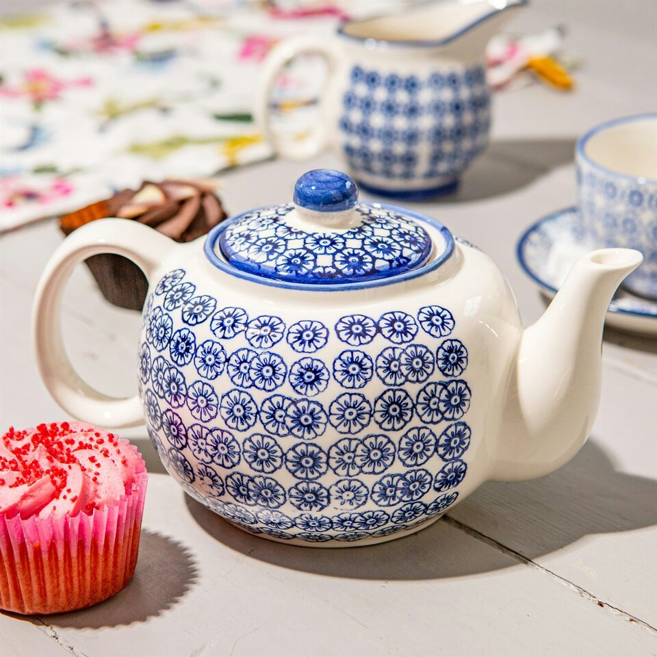 image 1 of Nicola Spring Hand-Printed Teapot - 820ml - Navy