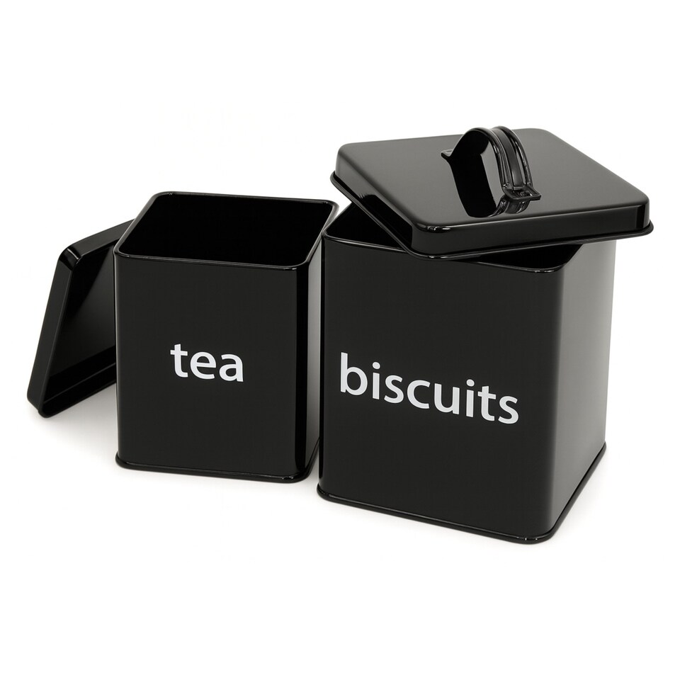 image 1 of 5pc Black Kitchen Canister Set Bread Biscuits Tea Sugar Coffee | Black