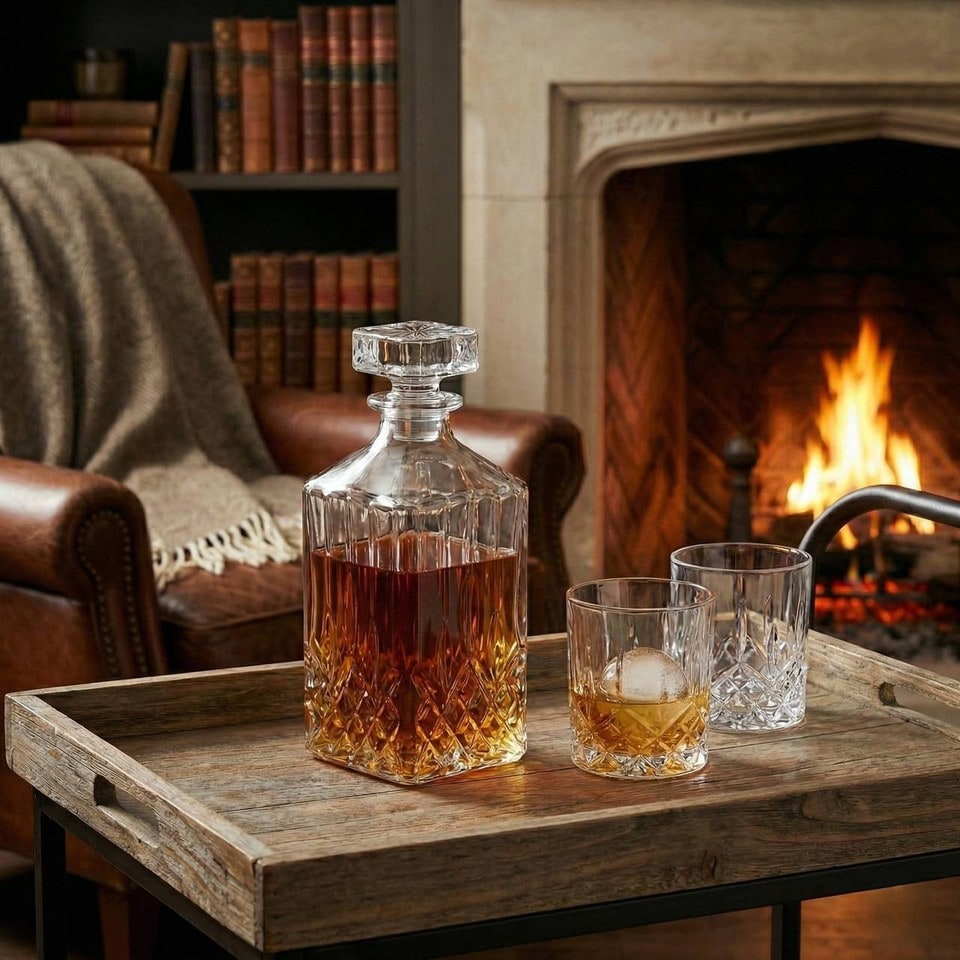image 1 of 1L Round Glass Whisky Whiskey Decanter Cut Look Carafe Bar Spirits Brandy Sherry